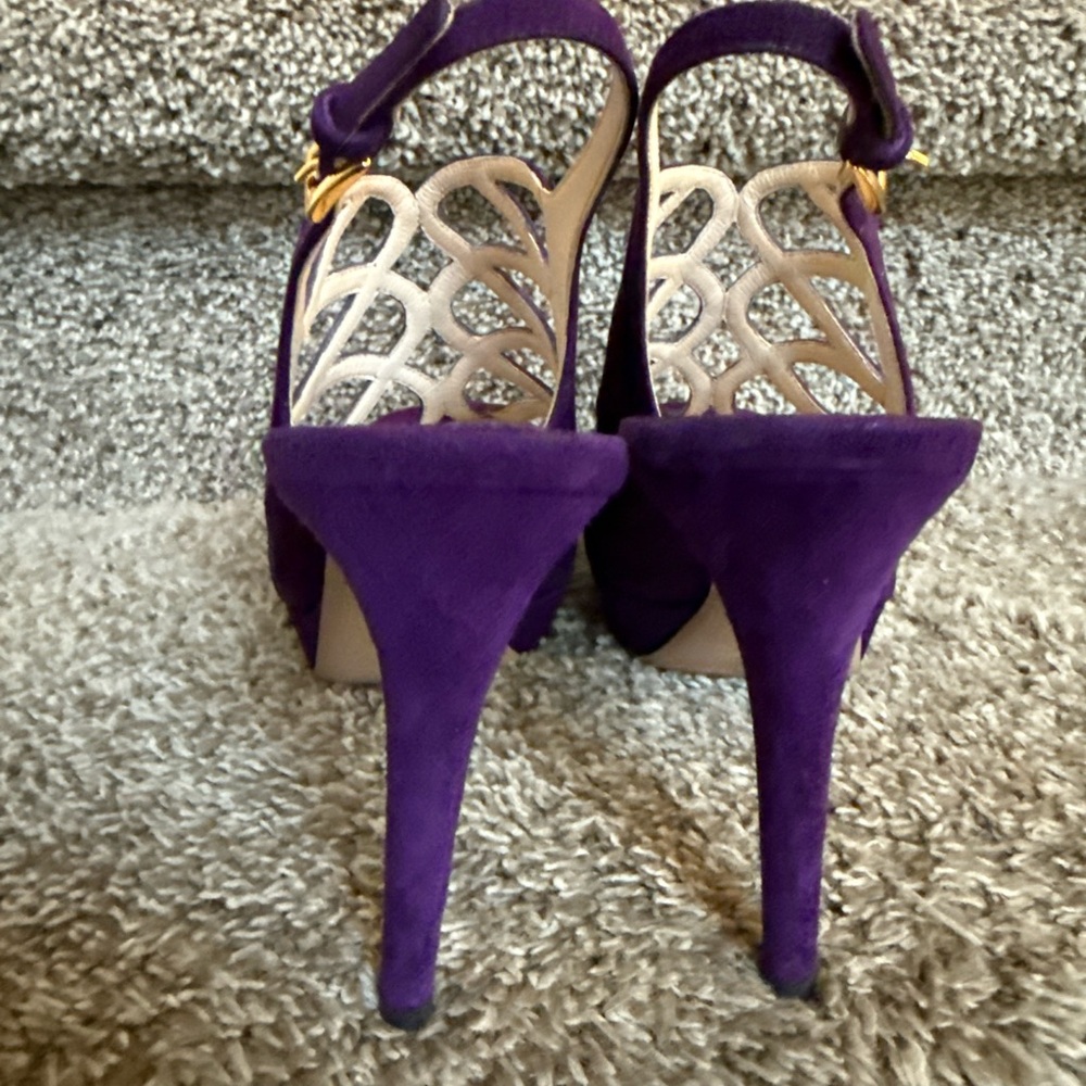Prada Women’s Purple Suede Lattice Slingback Platform High Heel Sandals - Picture 3 of 12